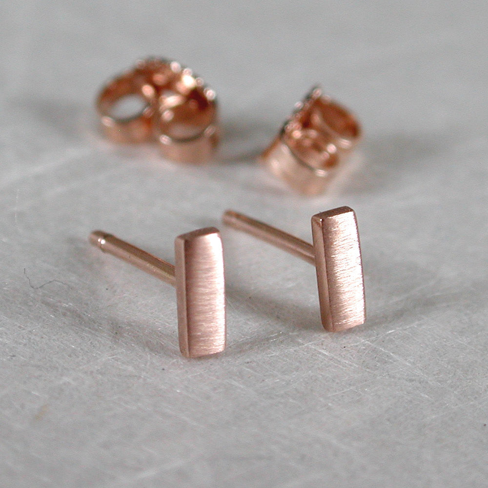 14k rose gold bar stud earrings 5mm x 2mm brushed