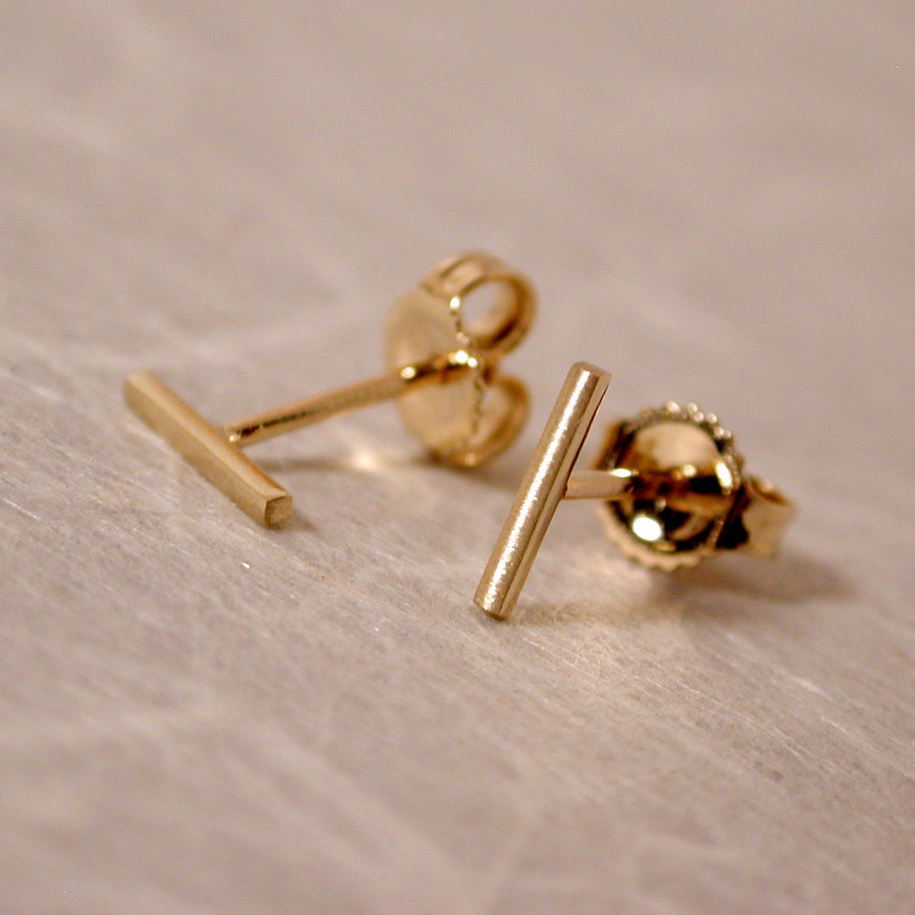 solid 14k gold bar stud earrings 7mm brushed yellow gold
